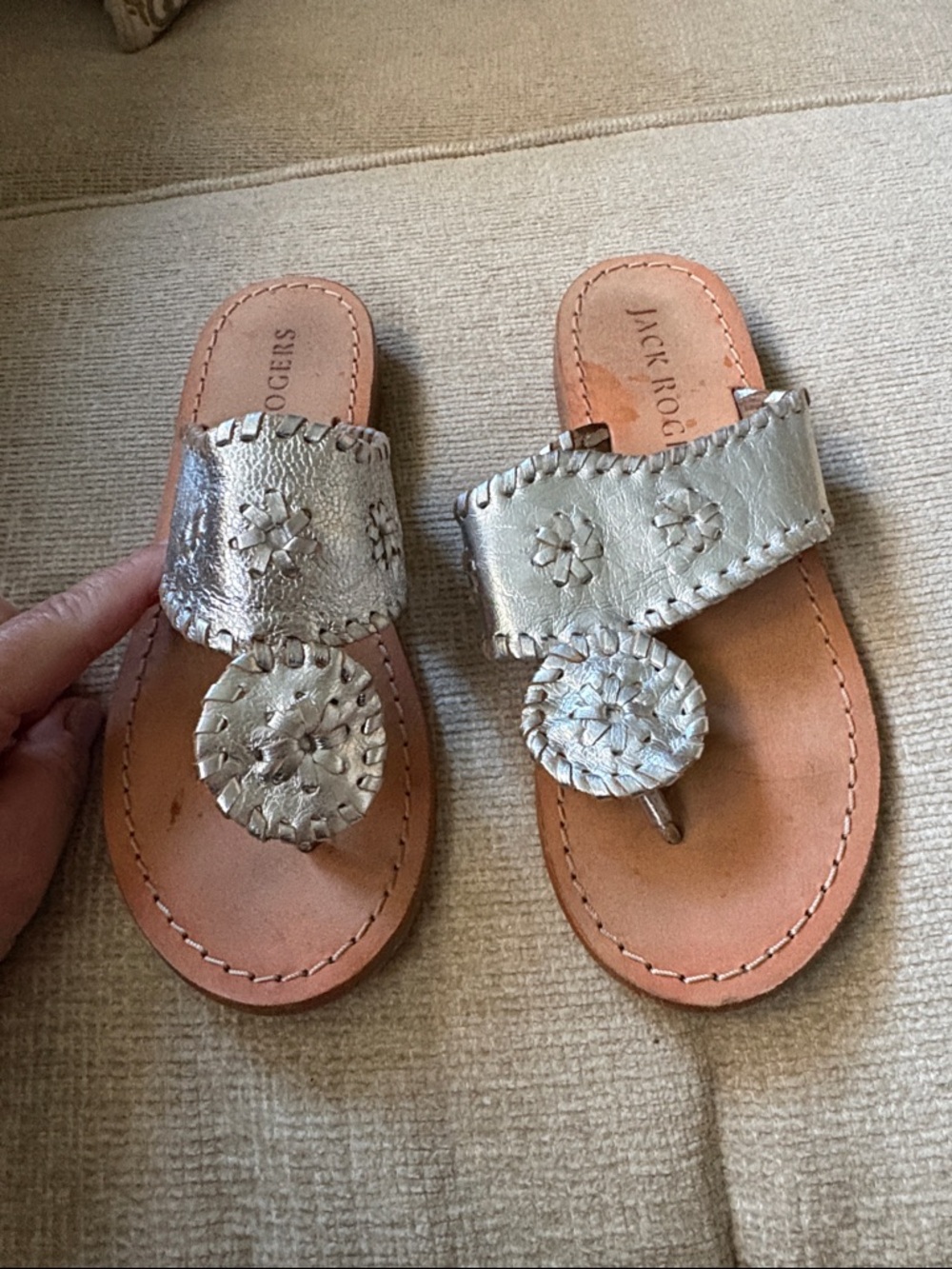 Jack Rogers Metallic Silver Woven Rosette Thong Sandals